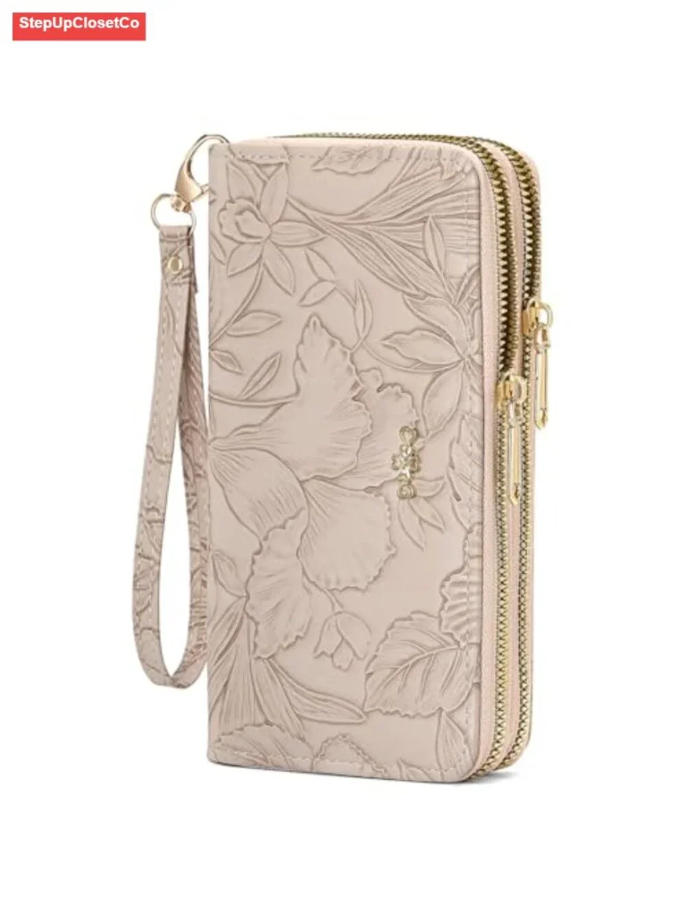 RFID Blocking PU Leather Wristlet Wallet with Detachable Strap Double Zipper
